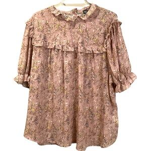 Shein Pink Floral Short Puff Sleeve Semi Sheer Blouse‎ Size 3XL